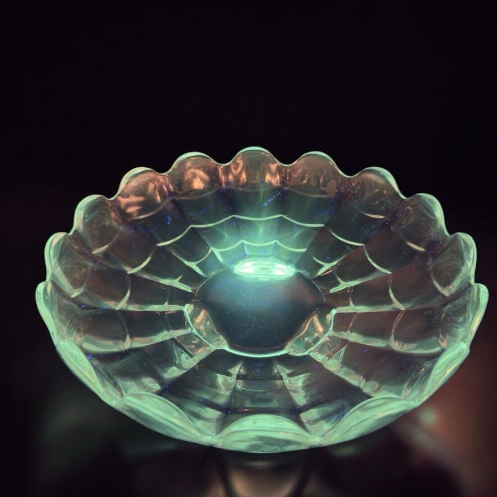 Antique Clear Cascade Footed Dish Plate Centerpiece Green UV Manganese 365nm